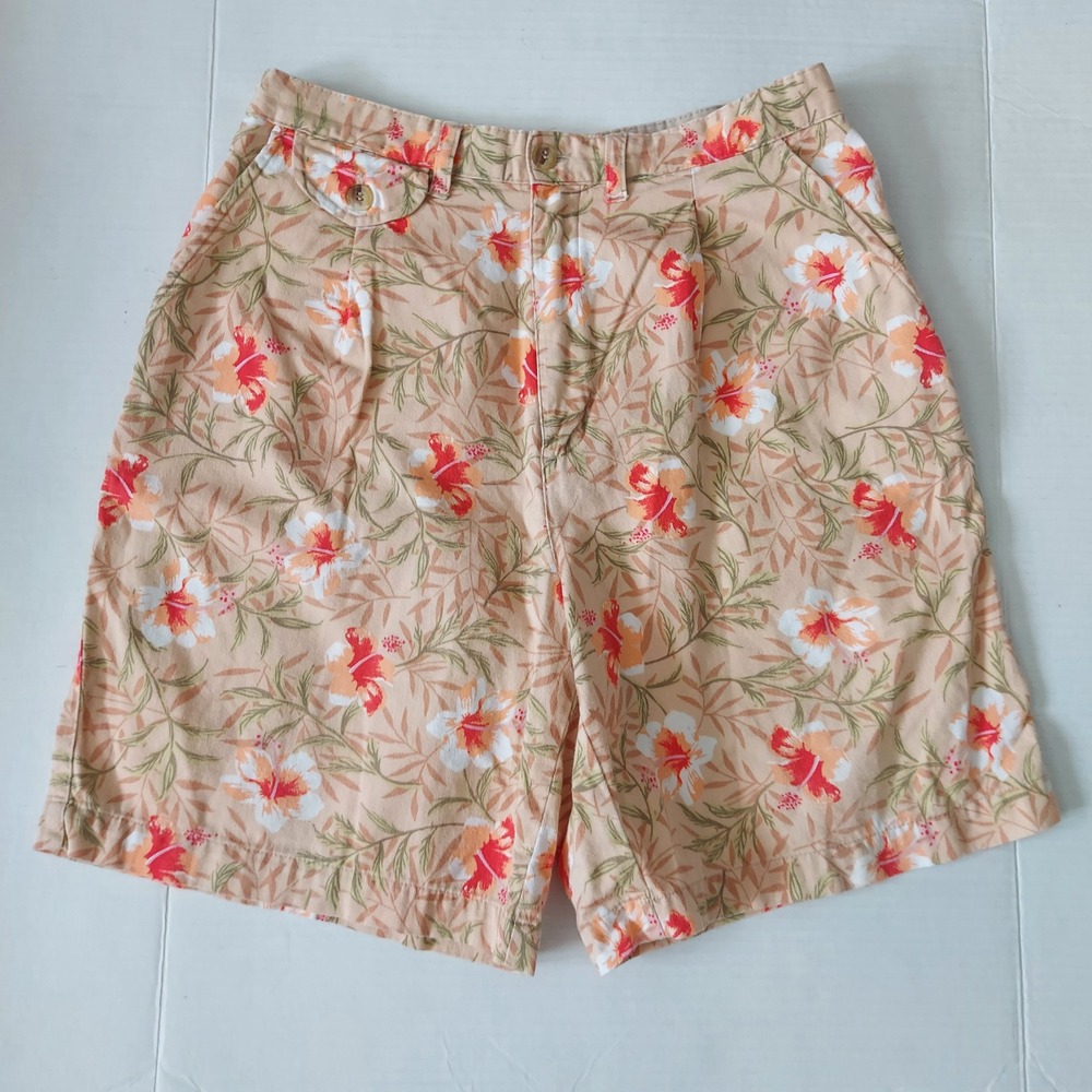 White Stag Vintage High Waisted Tropical Hibiscus Floral Cotton Shorts Peach 8